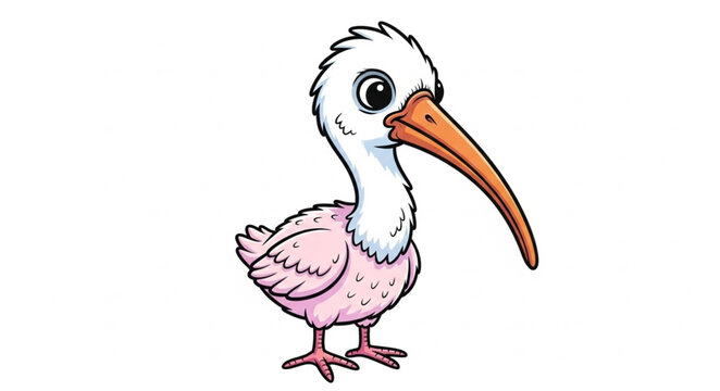 Cartoon baby ibis bird with long beak and pink feathers.