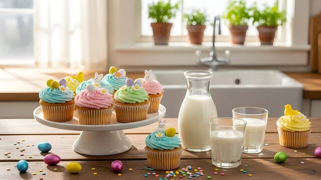 Cupcakes decorated with pastel frosting and tiny candy chicks sit on a ceramic stand alongside glasses of fresh milk in a bright kitchen.