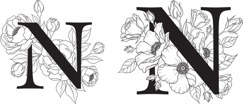 Two letter n monogram with floral accents illustration letter n black and white hand drawn letter n monogram alphabet botanical decorative