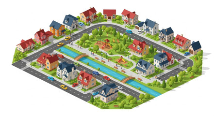 Obraz premium Charming suburban neighborhood with houses and a river.
