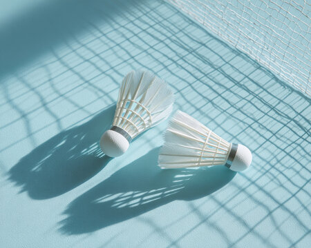 Two shuttlecocks near net; blue background