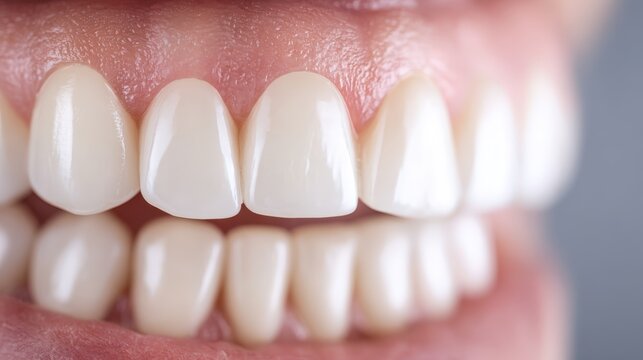 Close Up View of Clean Well Aligned Upper and Lower Front Teeth Showing Enamel Texture and Dental Health
