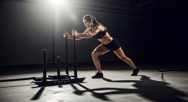 Woman pushing weight sled during intense workout in dark environment