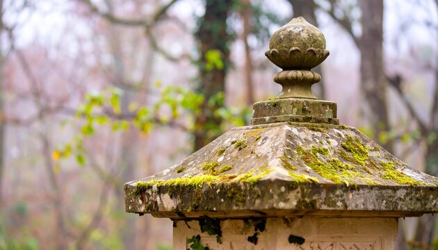 Ancient Stone Finial Covered in Green Moss in a Blurry Garden