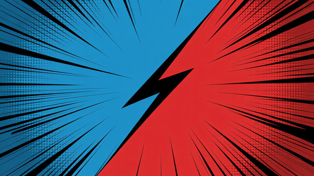 A dynamic comic book style illustration of a black lightning bolt striking between red and blue backgrounds