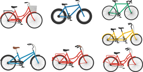 Obraz premium Bicycle Vector Set with Colorful City Bikes, Mountain Bikes, and Tandem Bicycles for Outdoor, Transportation, and Cycling Designs
