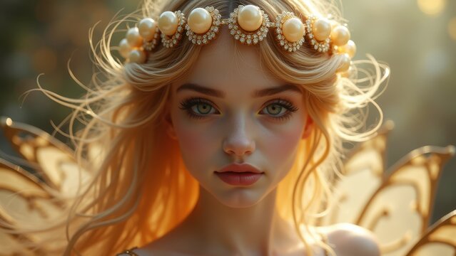 Art nouveau style elegant tooth fairy with flowing hair entwined with pearl teeth garland