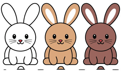 Fototapeta premium Three adorable cartoon bunnies in different colors sitting in a row with big eyes and ears perked up looking cute