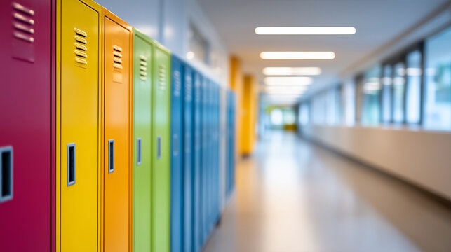 Close-up of a blurred bright school hallway with soft focus on colorful lockers creating an atmospheric out-of-focus composition, warm hallway lighting, defocused bright school hal