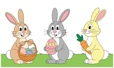 Obraz premium Three cartoon bunnies celebrating Easter with eggs and carrot