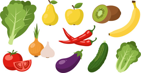 Fototapeta premium Organic Fruits and Vegetables Collection with Pears, Apples, Banana, Chili, Eggplant, Tomato, Onion, Cucumber, and Lettuce for Healthy Lifestyle Designs