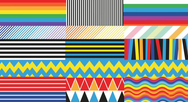 Colorful Geometric and Striped Patterns Vector Set with Zigzag, Rainbow, and Bold Line Designs for Creative, Graphic, and Textile Projects