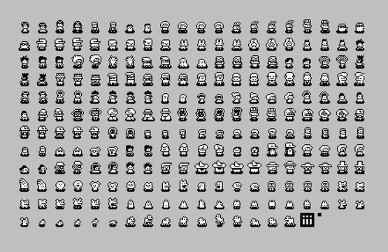 Large pixel art avatars and character icons set in retro monochrome style. Collection includes diverse faces, emotions and styles for game UI, NPCs, profile systems and interface design.