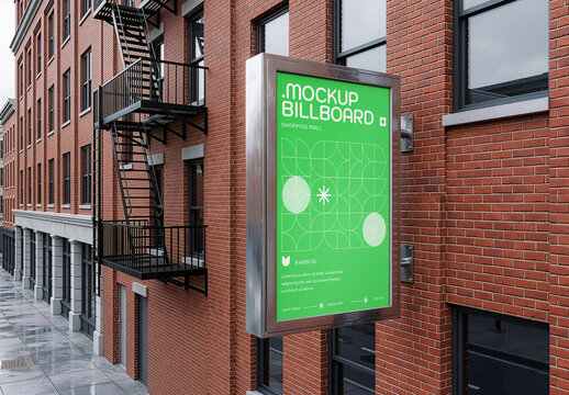 Red Brick House Vertical Branding Board Mockup. Outdoor Advertising Sign on Building Wall