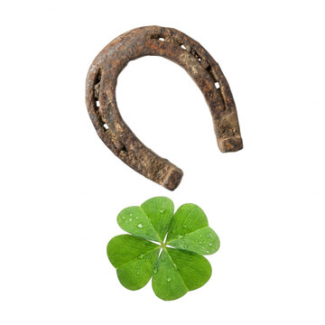 Rustic horseshoe with four-leaf clover isolated on transparent background