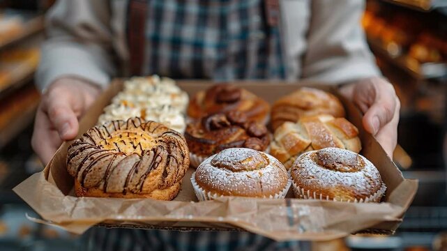 A skilled baker holds a tray laden with freshly baked pastries, muffins, and sweet rolls, enticingly displayed in a cozy bakery setting, highlighting culinary artistry and tempting dessert options