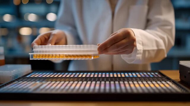 Close up hands of CRISPR researcher loading gel electrophoresis cassette in early morning mist lit genetics laboratory, sickle cell therapy documentation mounted on lightbox beside