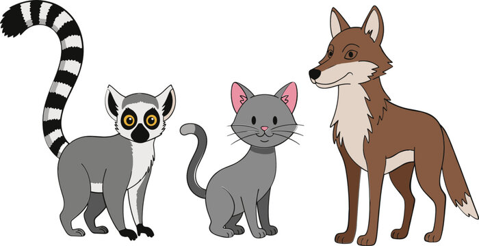 Wild and Domestic Animal Icon Set with Lemur, Cat, and Coyote for Nature, Wildlife, and Pet Design
