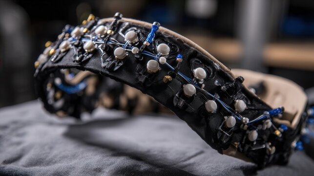 Black sensor array mounted on frame, engineering workspace with dense electrode grid and precision modules, researcher calibrating BCI prototype amid soldered contacts and cables, industrial lighting