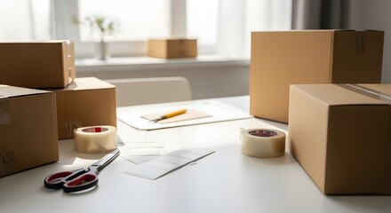 Fototapeta premium E-commerce Order Packing Workspace with Boxes and Supplies, Small Business Shipping Process Concept