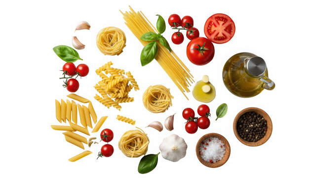 Variety of pasta and ingredients.
