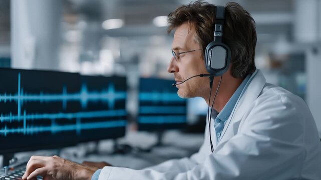 Deepfake creation lab concept showing technician monitoring AI voice synthesis interface with layered audio waveforms on multiple screens, sterile white background environment, per