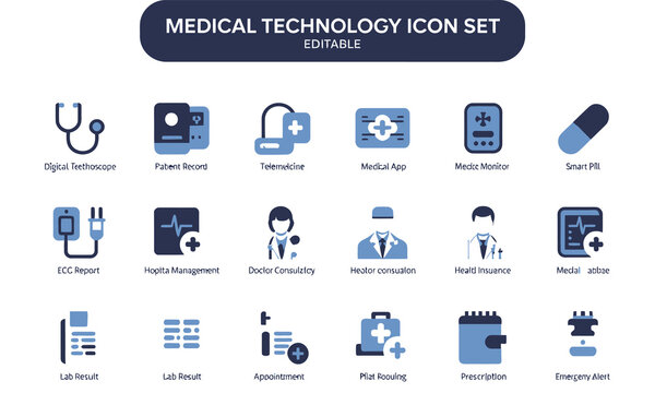 Medical technology icon set with editable blue and dark blue graphics on white background
