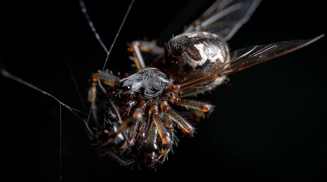 Spider's Deadly Trap: A close-up view of a spider entangled in its intricate web, with a caught insect struggling in its grasp, highlighting the intricate dynamics of nature's predation.