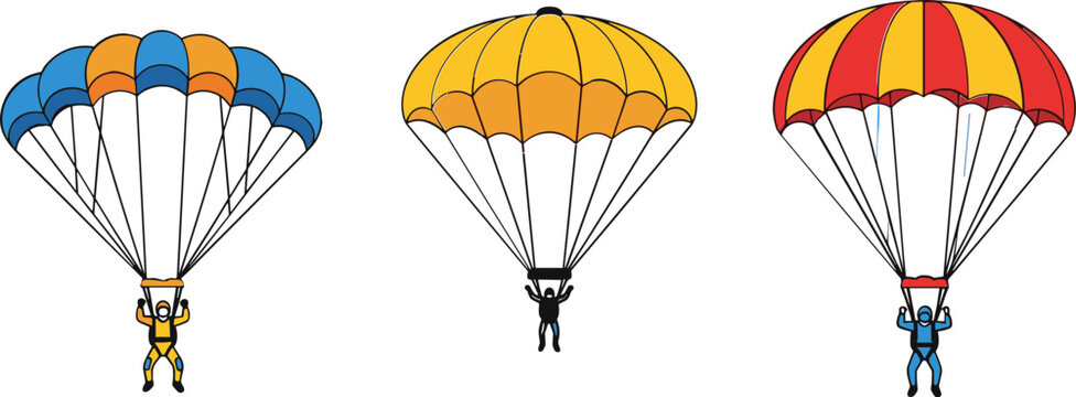 Parachuting Icon Set with Colorful Parachutes and Skydivers for Adventure, Sports, and Outdoor Activities Design