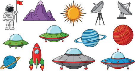 Space Exploration Icon Set with Astronaut, UFOs, Rockets, Planets, Satellites, and Mountain for Astronomy, Adventure, and Sci-Fi Design © sumi