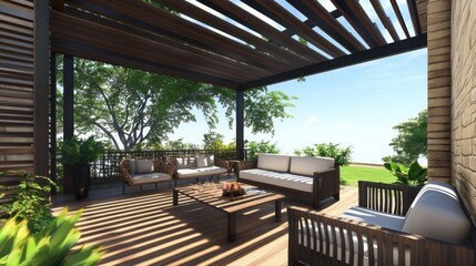 Fototapeta premium Modern Wooden Pergola Overlooking a Sunny Outdoor Patio Seating Area