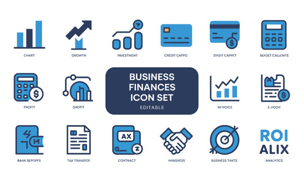 Business finances icon set with various editable symbols for chart, growth, investment, and more on white background