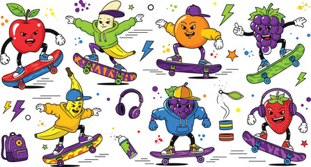Fruit Characters Skateboarding Vector Set with Colorful Designs, Street Style, and Cool Accessories for Fun and Sporty Illustrations © MDTaharul