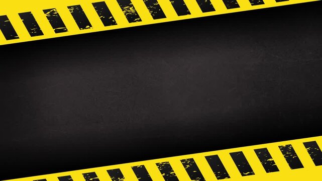 Metallic dark surface with top bottom caution tape stripes cinematic frame animation background industrial theme 4K 60fps