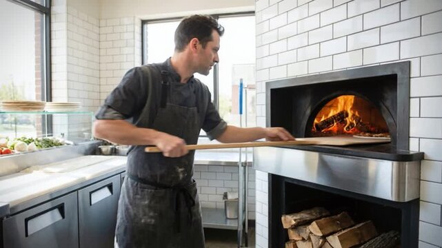 A skilled chef, wearing a crisp chef hat, expertly slides a raw pizza into a scorching oven, demonstrating precision baking techniques in a professional kitchen environment