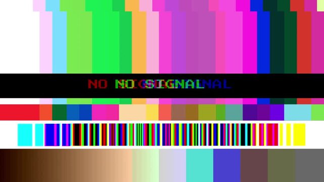 Colorful television test pattern displaying a 'no signal' message due to broadcast interruption