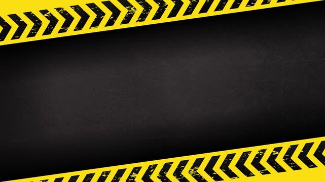 Dark grunge steel backdrop with angled caution stripe tape and film frame style border animated background 4K 60fps