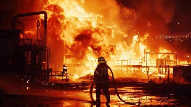 Inferno's Embrace: A heroic firefighter battles a raging blaze, silhouetted against a backdrop of towering flames and billowing smoke, a testament to courage in the face of devastation.