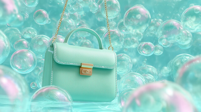 Mint green purse with gold chain and clasp floating among transparent bubbles in a blue background