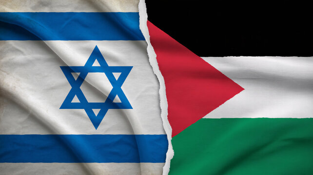 A torn flag displaying the Israeli and Palestinian flags side by side