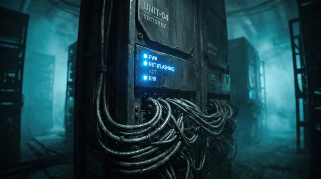 Abandoned bunker server unit with flashing lights and cables in dimly lit room, showing wear and tear, creating sense of decay