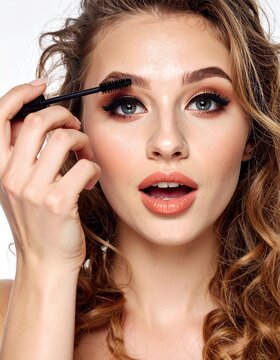 A woman with curly hair is applying mascara to her upper lashes while looking directly at the camera. She has professionally done makeup, including defined eyebrows, eyeshadow, and lipstick.