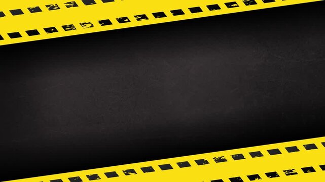 Dark industrial backdrop with angled caution tape stripe and film frame edges cinematic animation 4K 60fps