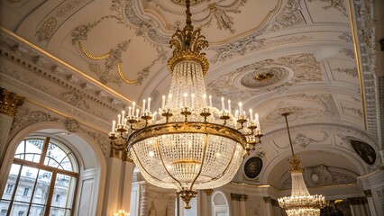 Fototapeta premium Elegant gold chandelier in ornate marble hall with classical ceiling art and warm lighting