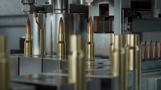 Automated Rifle Bullet Bullet Manufacture Machinery Loads Projectiles Into Casing on a Precision Conveyor, Showing High Tech Ammo Assembly Inside a Secure Military Defense Factory Facility Line.