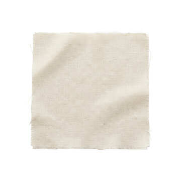 A Square Piece of Natural Light Beige Linen Fabric with Frayed Edges Isolated on a Clean White Background