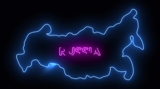 Neon outline map of Russia glowing in blue with vibrant pink text, futuristic digital style on dark background with luminous light effects and modern animated visual