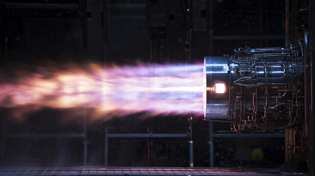 Powerful rocket engine exhaust ignites with vibrant purple and orange flames during testing