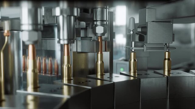 Bullet Factory Manufacture Machinery Installs Projectiles Into Casings on Conveyor Line, Showing Automated Ammo Assembly Inside a Secure Military Defense Production Facility. Defence Ministry of War