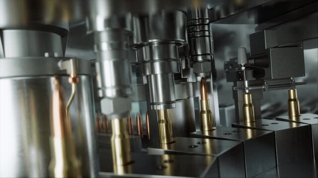 Automated Ammunition Line Assembles Weapons Cartridges as Cases Advance on Conveyor, Bullets Are Seated and Aligned by Industrial Machinery for Military Armament and Defense Production